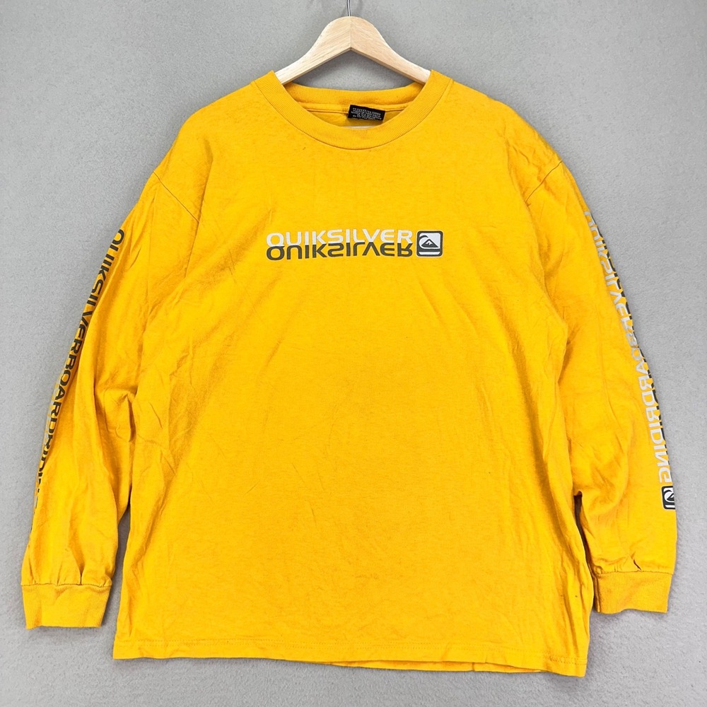 VTG 90s Quiksilver Skateboarding T-Shirt Large Yellow Long Sleeve Logo Tee‎ USA